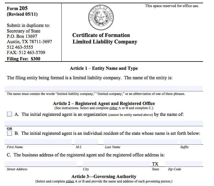 Texas LLC Certificate of Formation