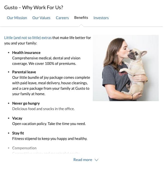Gusto Glassdoor profile - Benefits section