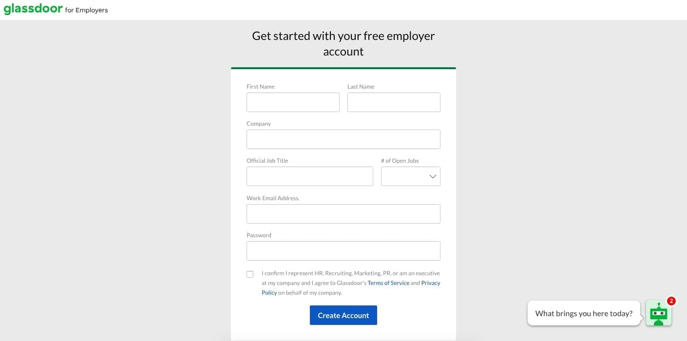 Glassdoor employer profile sign-up page