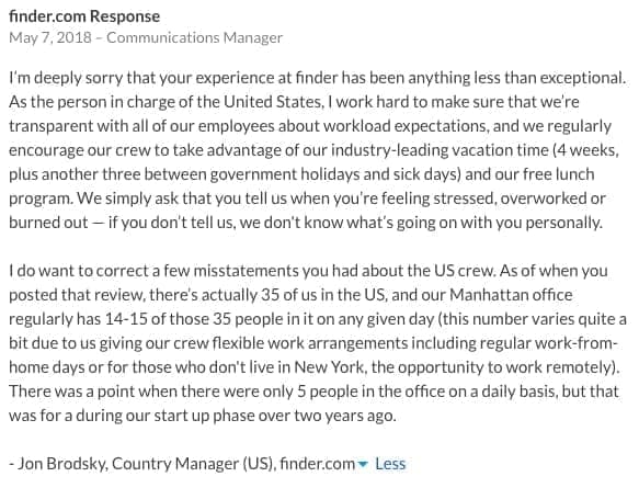 finder Glassdoor review response