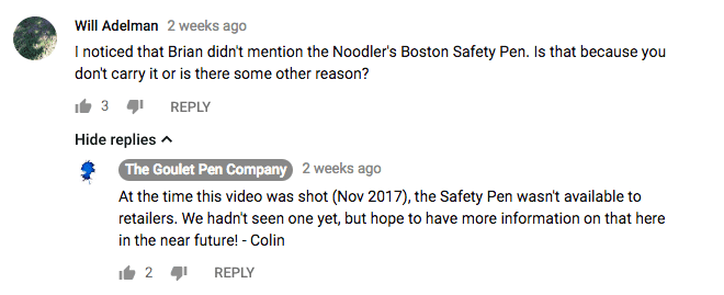 Goulet Pens YouTube comment