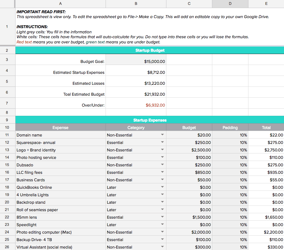 Startup Budget Google Sheets Template
