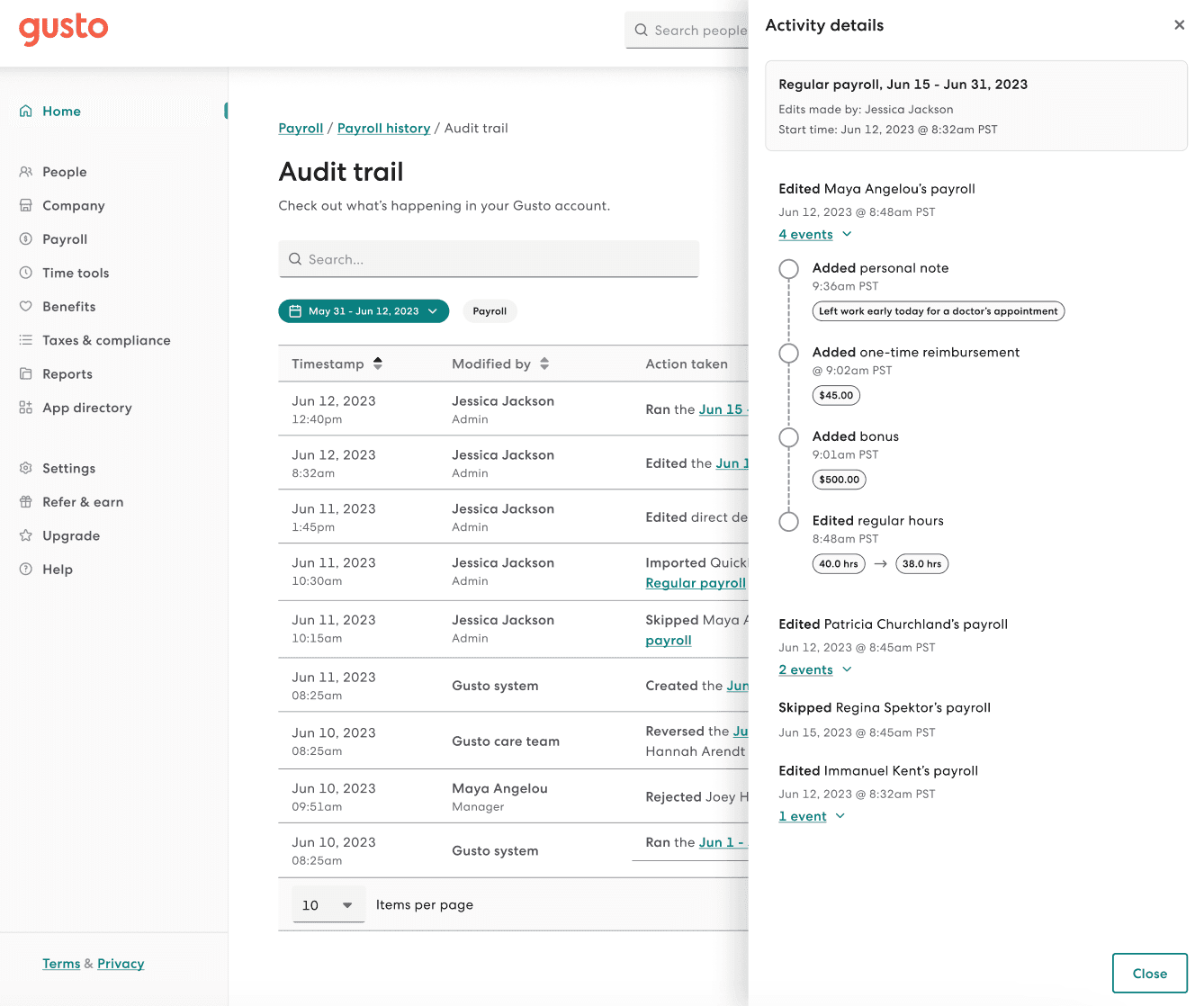 Activity log - the history of payroll and related edits made by you and your team.