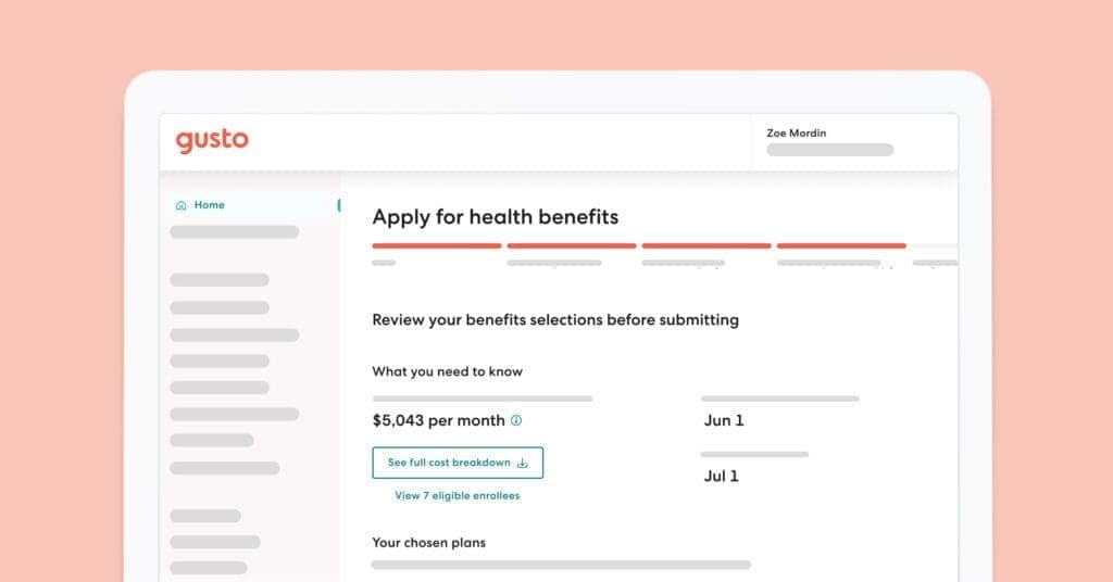 Screenshot of Gusto's Apply for Health Benefits page