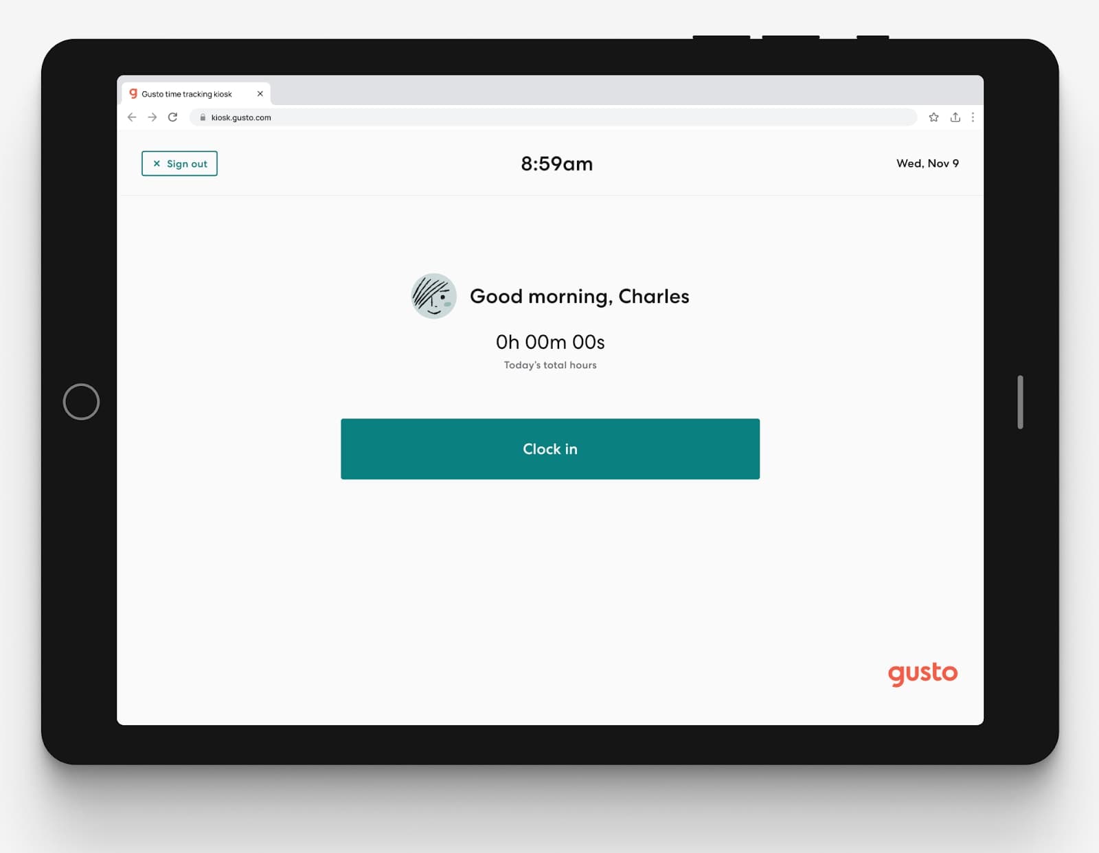 The Gusto Time Kiosk app turns any connected device into a centralized location for employees to quickly and easily clock in and out.
