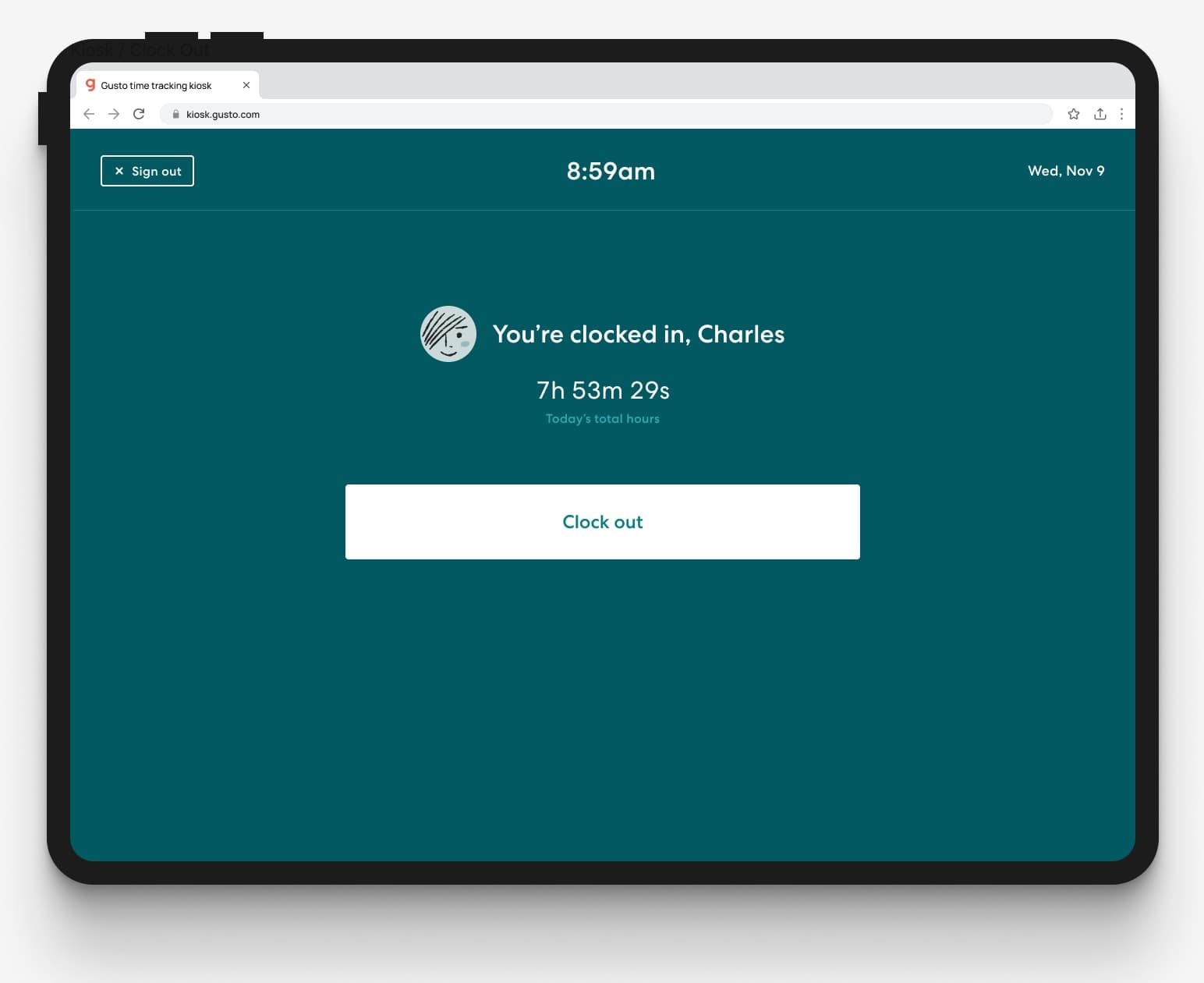 The Gusto Time Kiosk app turns any connected device into a centralized location for employees to quickly and easily clock in and out.