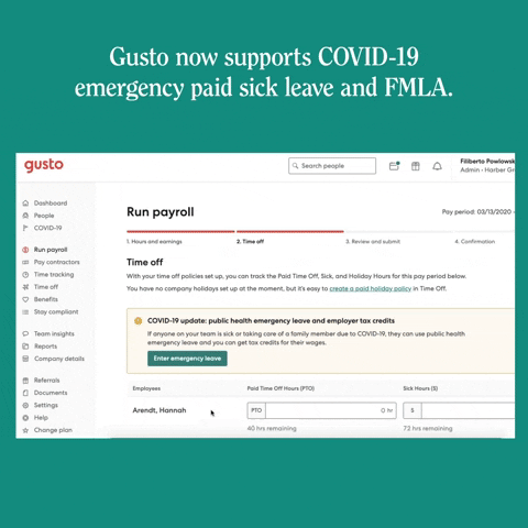 Pay employees for EPSL and FMLA in Gusto and receive a real-time tax credit.