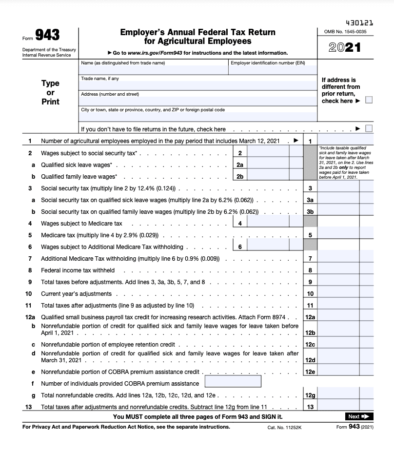 IRS Form 943 Page 1
