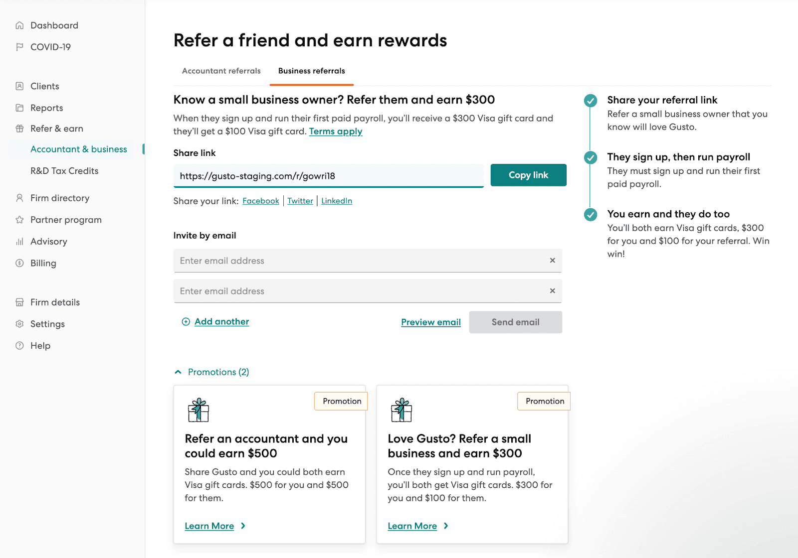 Gusto dashboard for Referrals
