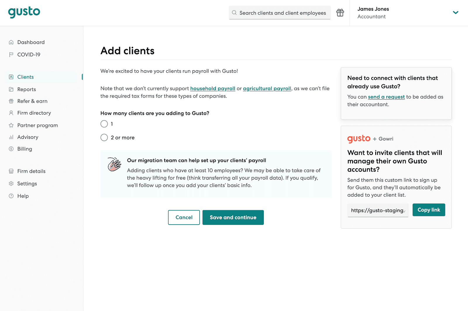Gusto's dashboard to Add clients
