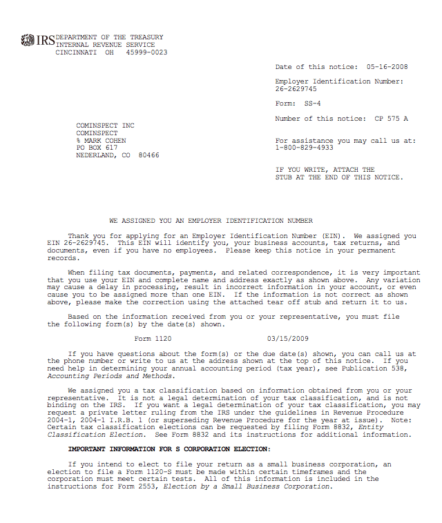 IRS EIN Notification