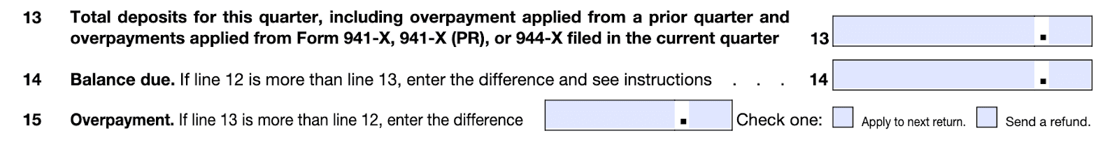 Form 941 instructions, section 1, 13-15