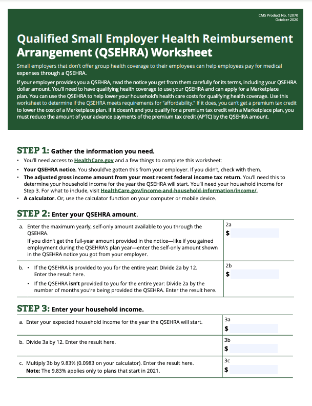 HealthCare.gov QSEHRA worksheet