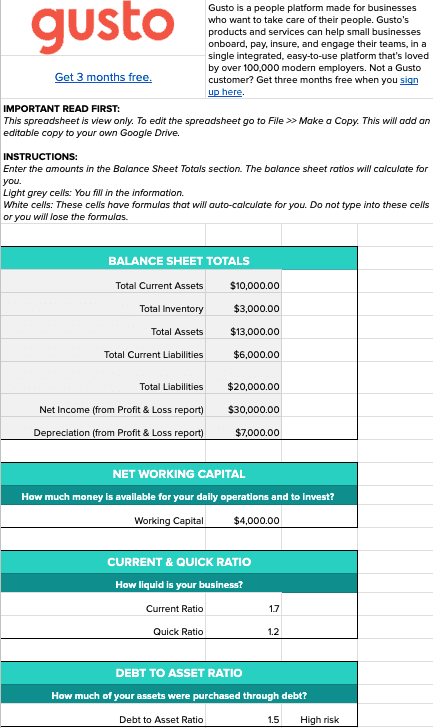 A screenshot of a Gusto Balance sheet ratios calculator worksheet