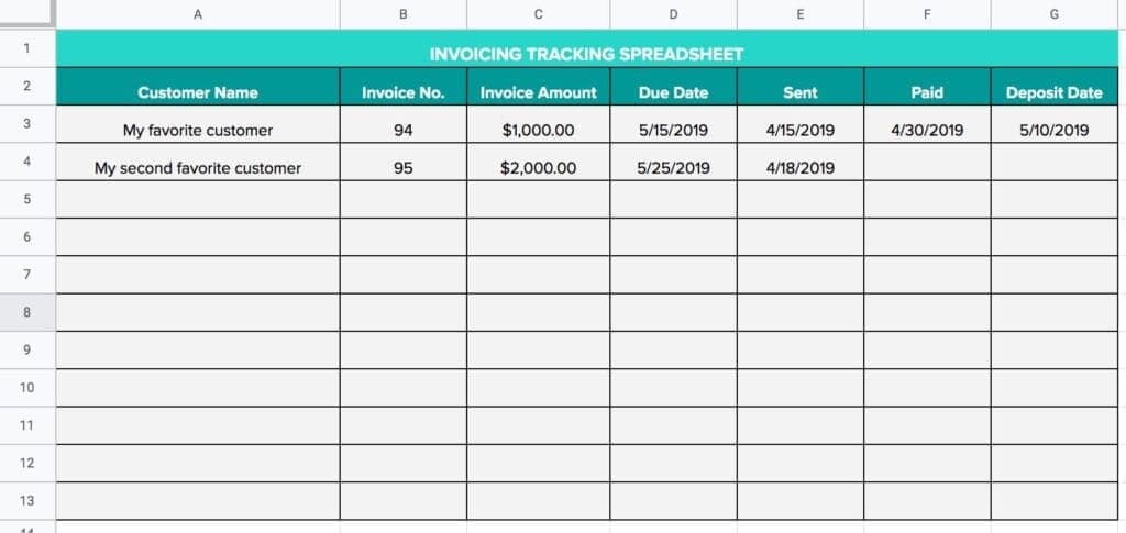 Invoice Tracking Sheet Screenshot