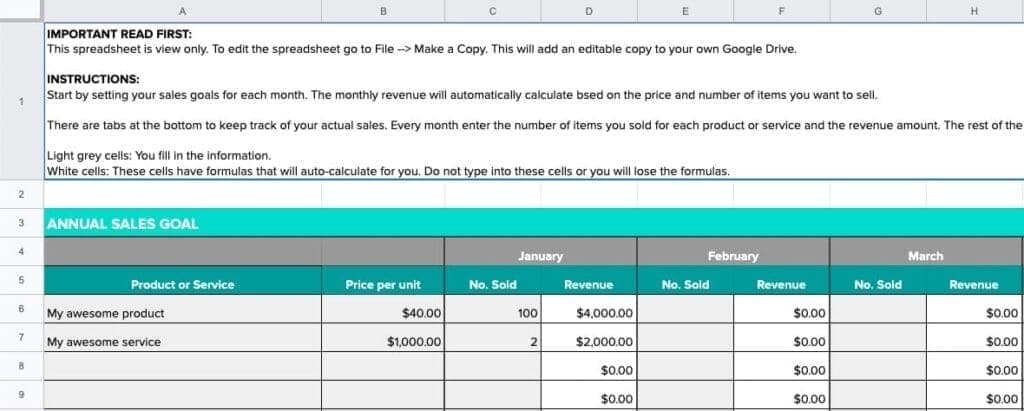 Monthly Sales and Goals Tracker Screenshot