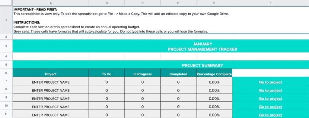Project Management Spreadsheet Screenshot