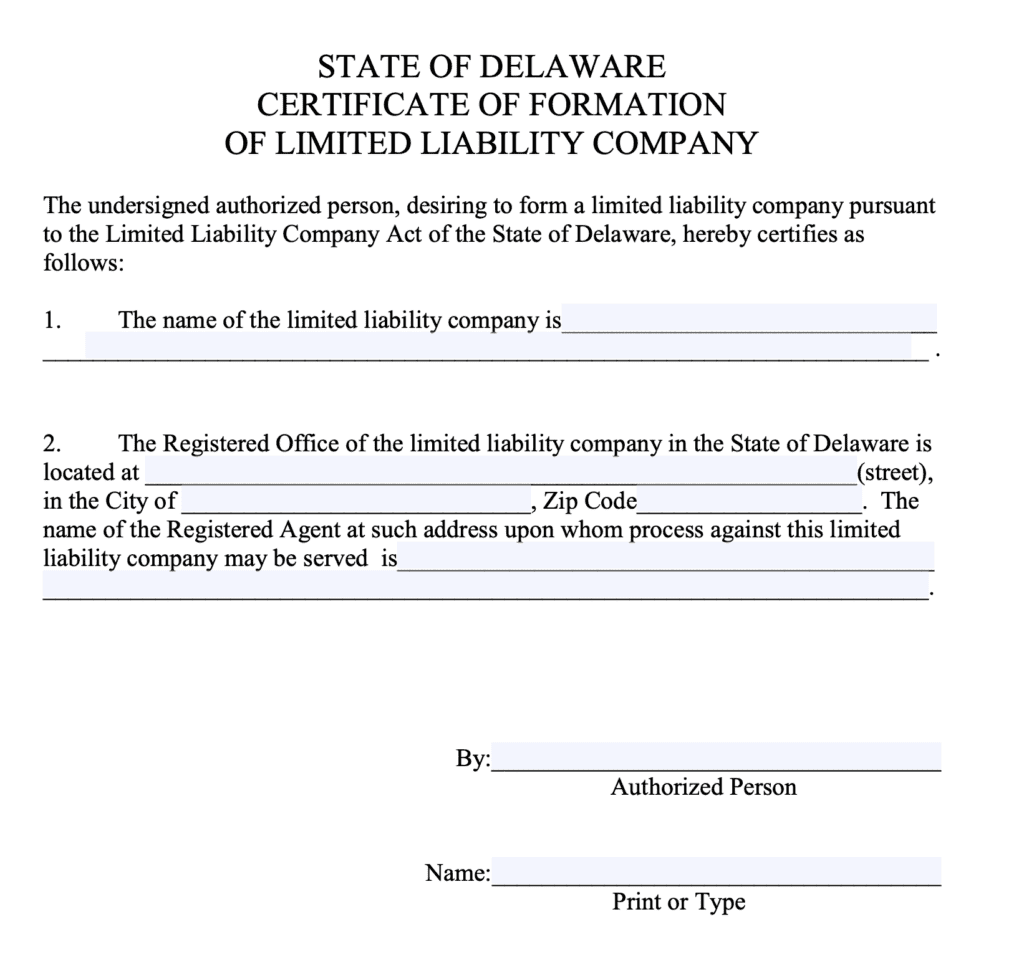 A screenshot of a State of Delaware Certificate of Formation of Limited Liability Company