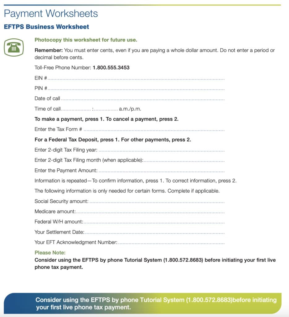 A screenshot of the EFTPS Business Payment Worksheet