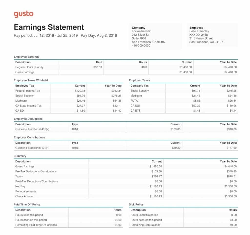 Gusto employee paycheck pay stub example