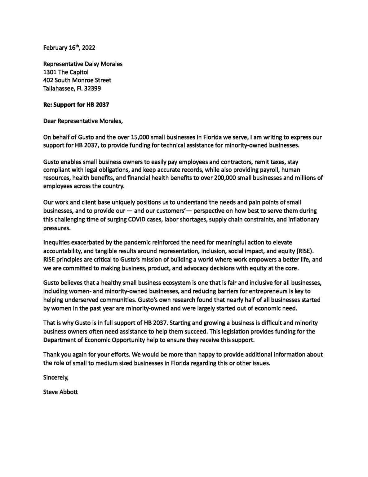 Support for HB 2037 letter
