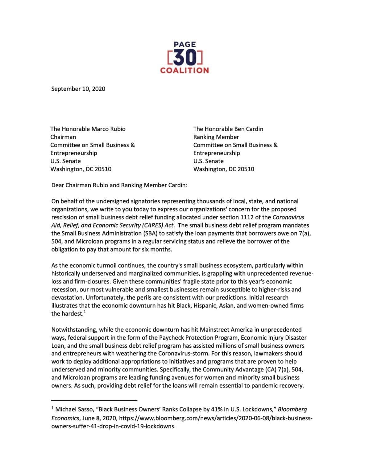 Page 30 Coalition Small Business Debt Relief Program Letter - Page 1