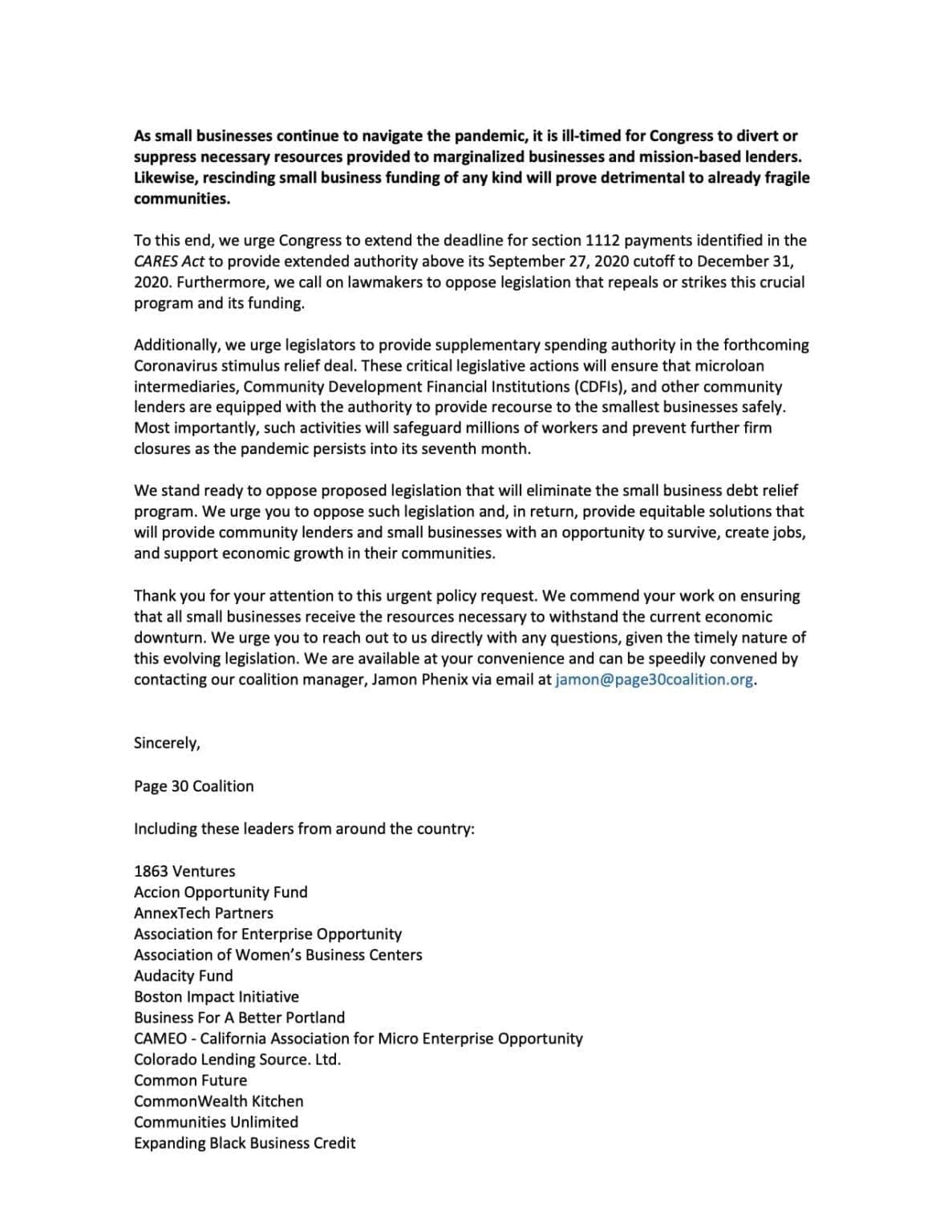 Page 30 Coalition Small Business Debt Relief Program Letter - Page 2