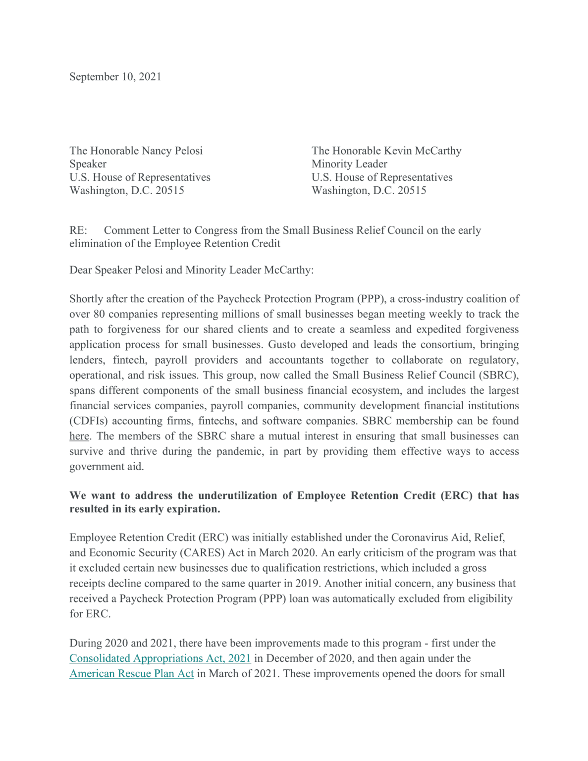Small Business Relief Council Letter on Early Elimination of the Employee Retention Credit - page 1 of 4