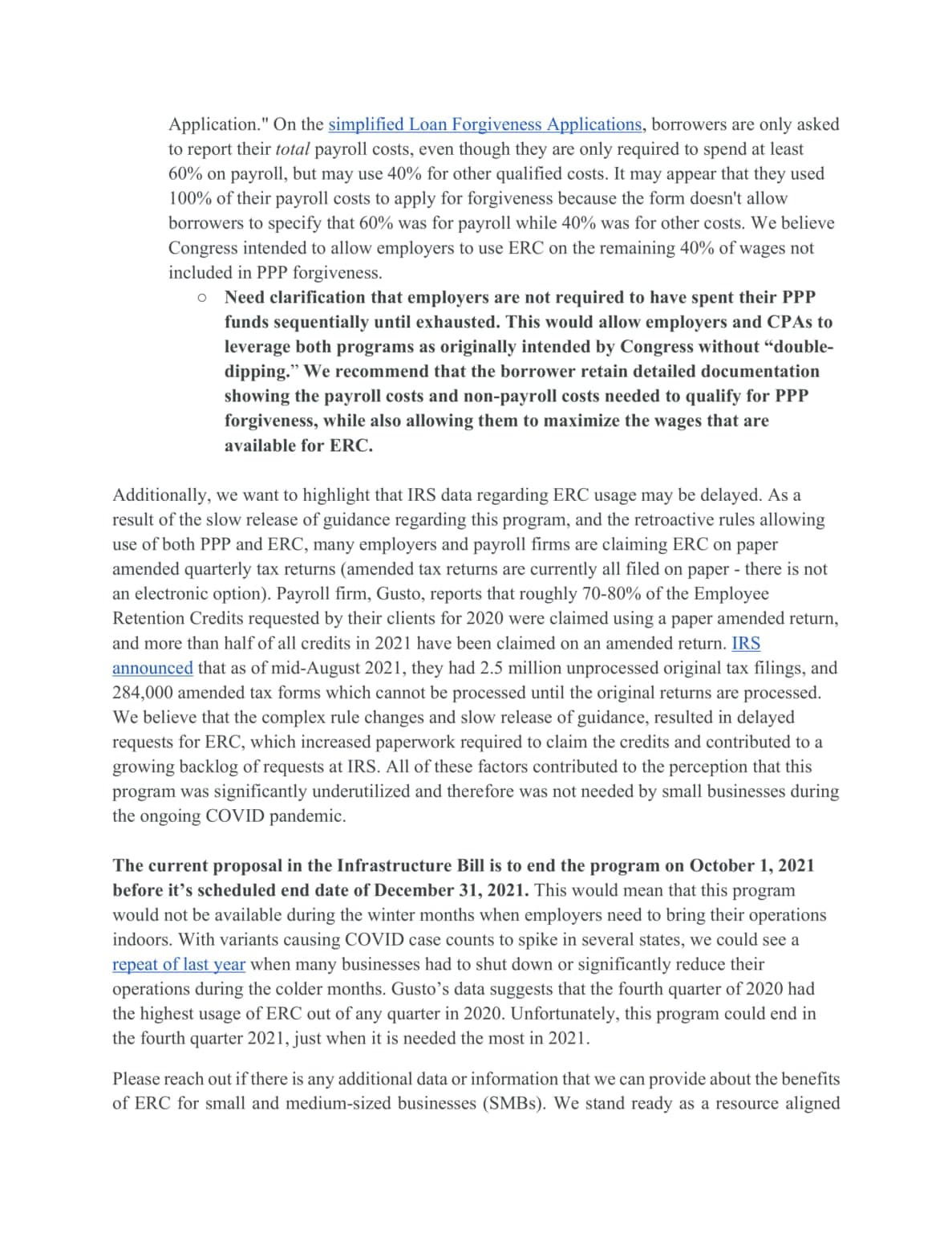 Small Business Relief Council Letter on Early Elimination of the Employee Retention Credit - page 3 of 4