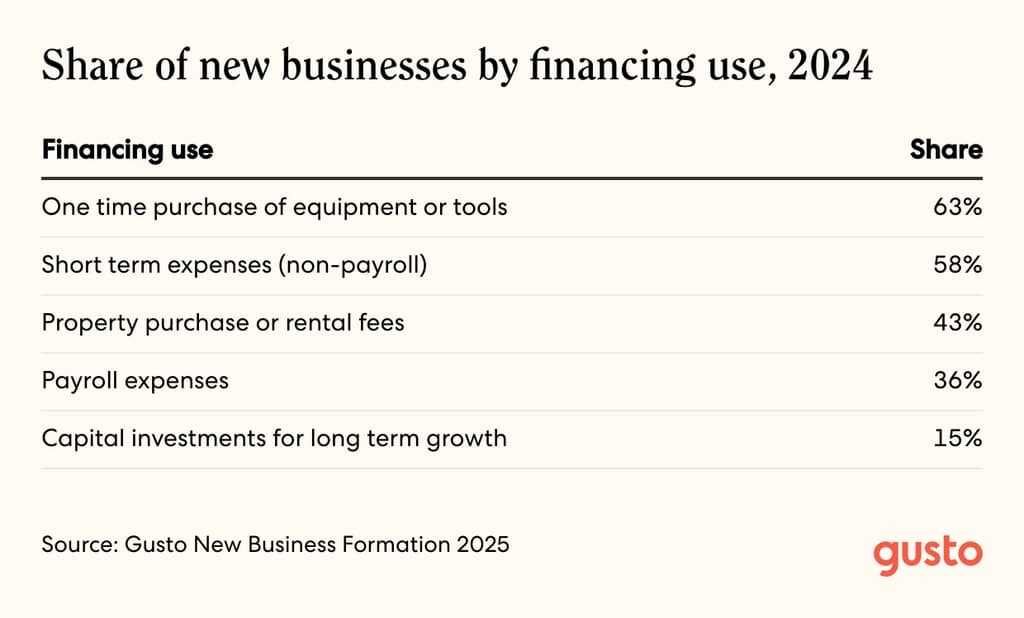 A line chart that shows share of new businesses by financing use, 2024