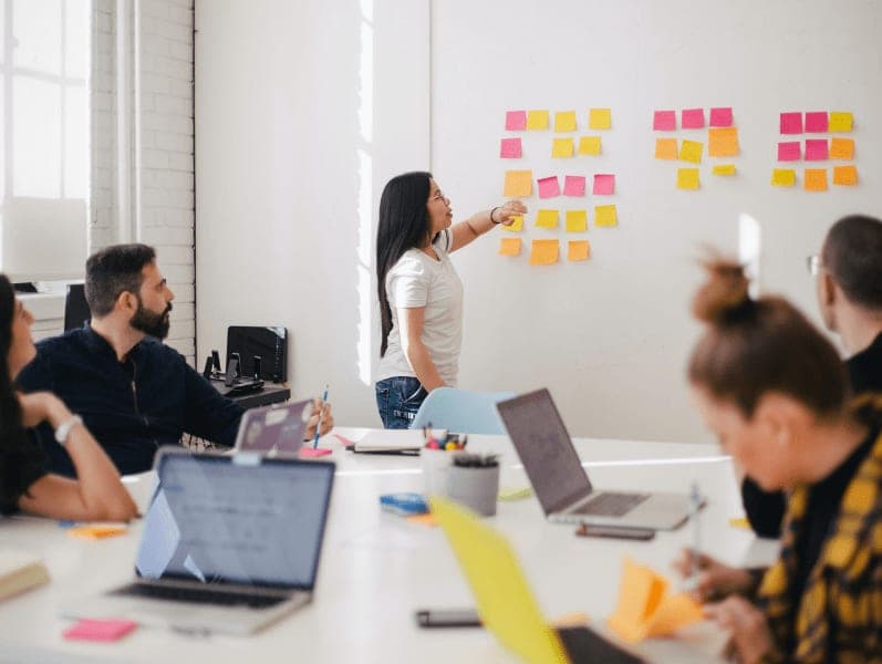 Female standing up in in front of colleagues looking at wall with sticky notes