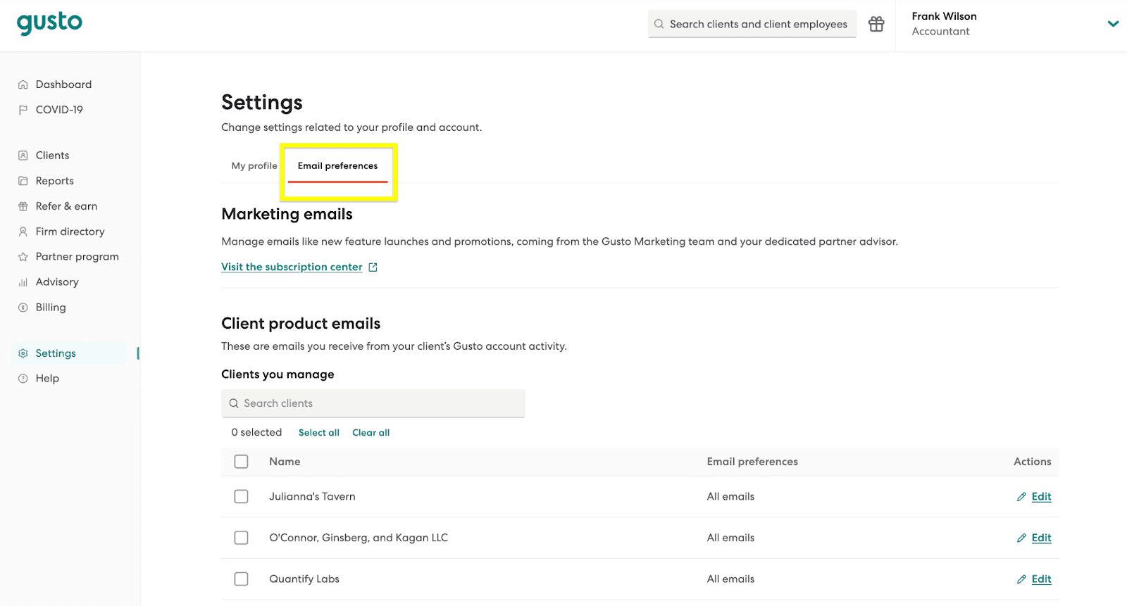 Screenshot of Gusto Settings