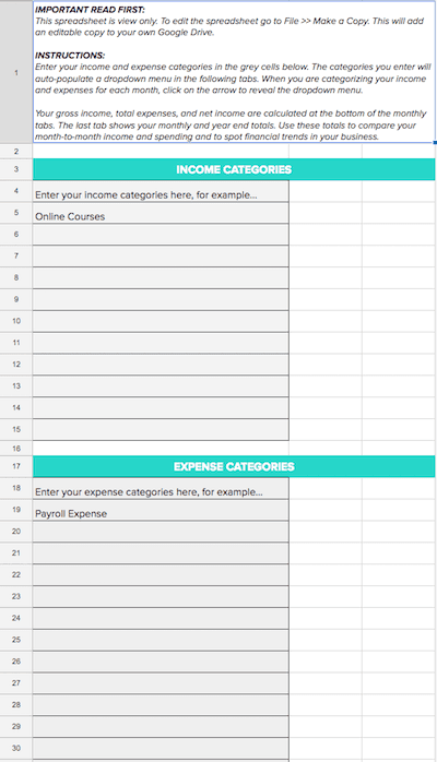 Screenshot of a free small business bookkeeping template.